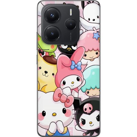 Kompatibelt Mobildeksel til Xiaomi Redmi Note 14 5G Tett mønster av søte figurer med store øyne i ulike farger og uttrykk med LABUBU-tekst