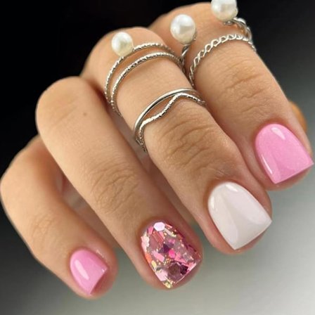 24 st franska falska naglar korta, fyrkantiga tryck på naglar rosa vit glitter klistra på naglar, avtagbara lim på naglar med mönster