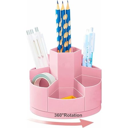 7 Slots Skrivebords Penneholder, 360° Roterende Penneholdere til Kontoropbevaring, Kontorartikler Organizer (Pink)