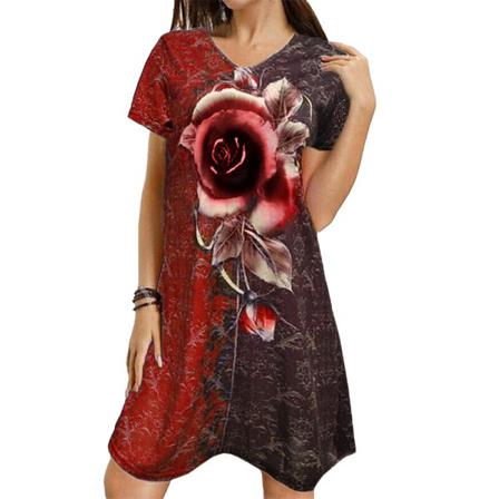 Print Klänning Kvinnor V-ringad Kortärmad Lös Sommar Knä-