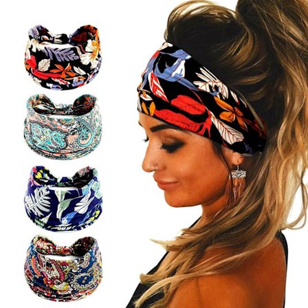 4 stk. brede boho-pandebånd til kvinder, elastiske skridsikre pandebånd
