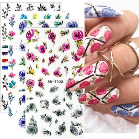 Blommiga nagelkonstklistermärken 5D präglade graverade nageldekorationer vår sommar nagelkonsttillbehör blommor blad ros tulpan 4 st