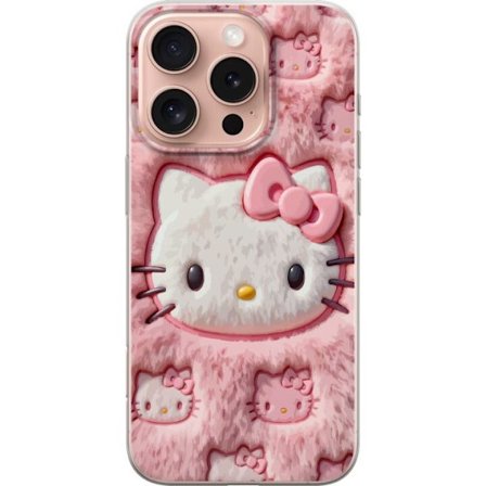 Kompatibelt Mobildeksel til Apple iPhone 16 Pro Hello Kitty rosa fluffy bakgrunn med ikoniskt ansikt og kawaii-estetikk
