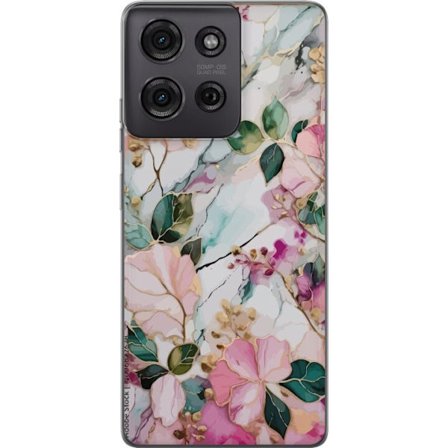 Kompatibel Mobilcover til Motorola Moto G75 Abstrakt marmormønster med blomster, blade og gyldne detaljer i bløde pastelfarver