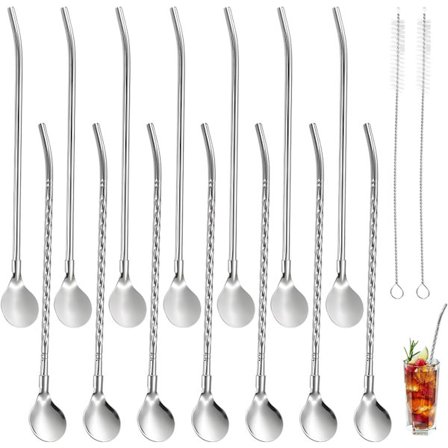 14 stycken sugrör med skedar, 2 i 1 återanvändbara sugrör i rostfritt stål med 2 rengöringsborstar för att dricka milkshake smoothies milkshakes kaffe