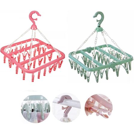 Sokketørrestativ, 2 stk. Hængende tøj tørrestativ clips bærbar plastik tørrestativ med 40 clips til sokker undertøj tøj håndklæder (Pink, Grøn)