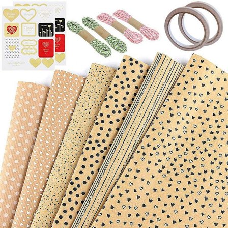 Kraftpapir Gavepapir Sett, 12 Ark Brun Multi-Mønstret Prikker Stripete Gitter Gavepapir for Ferie Bryllup Innpakning