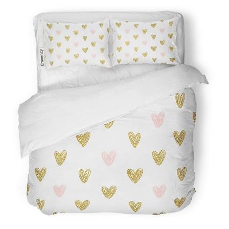 3- set sängset Rosa Rose Polka Dot Guld Hjärtan Mönster Barn Svart cover med 2 örngott