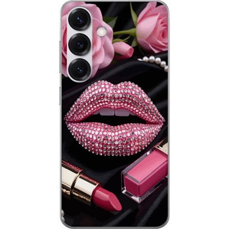 Yhteensopiva Puhelinkuori Samsung Galaxy S25 Pinkki huulet timantit meikki kimaltelevat