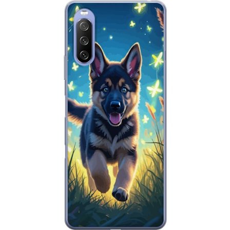 Kompatibelt Mobilskal till Sony Sony Xperia 10 III Tysk schäfer valp affisch valp hund hoppar äng fjärilar söt hund illustration blå nattkonst