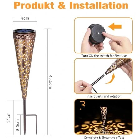 2 stk LED utendørs plugglamper solcellelampe hage metall