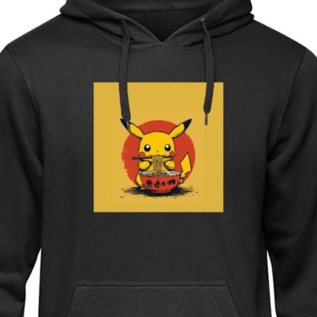 Hoodie Pikachu animefigur der spiser ramen i japansk stil mod en gul baggrund, et trendy motiv perfekt til fans af Pokémon og kawaii.