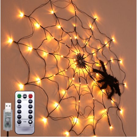 60 Orange LED-lys med sort edderkop, Halloween-dekorationer Spi