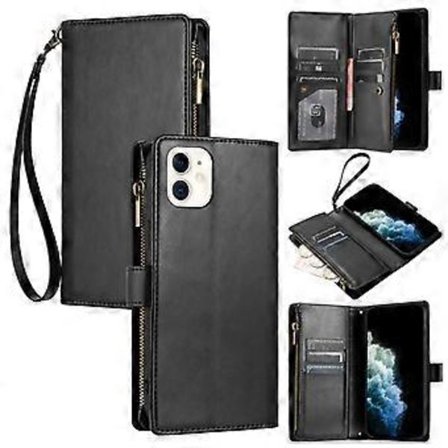 Kompatibel med iPhone 12 Wallet Case Premium Lynlås Stor Plads Flip PU Læder Cover - Sort