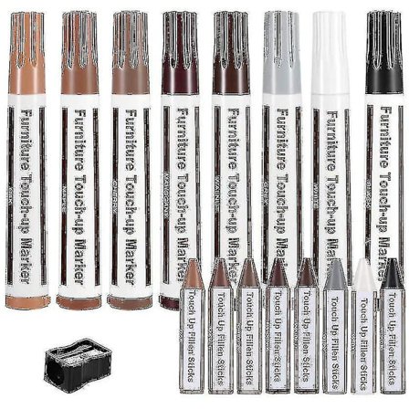 Møbelreparasjonssett, tre-touch-up-penner, laminat-ripeskader, voksstenger for tre-reparasjon, møbelmarkører touch-up, sett med 17 markører og 