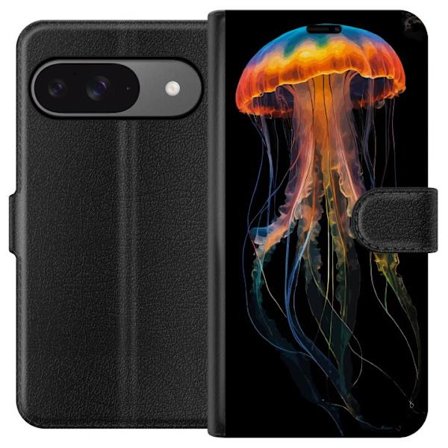 Yhteensopiva Lompakkokotelo Google Google Pixel 9 Pro Väriloistava meduusa neonvaloissa mustalla taustalla, taidokkaasti suunniteltu vedenalainen mai