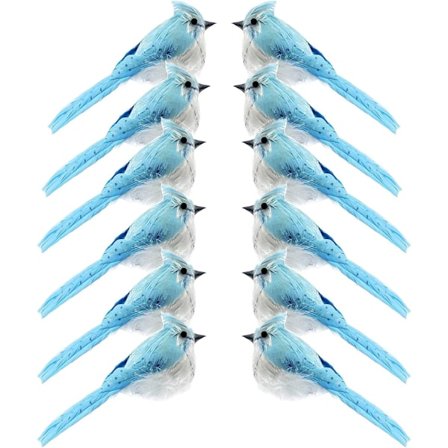 Kunstige fugle med fjer (12 stk.), blå simuleringsfugle i skum med clips til juletræspynt