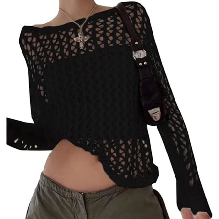 2025 Siste Modell Dame Strikket Heklet Utskåret Fiskenetttopp Langermet Gjennomsiktig Nettskjorte Sexy Klubb Streetwear