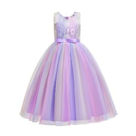 Blomsterpiger Blonde Brudepigekjole Lang Bryllupsfestkjole Tyl Festkjole (130 Farve Lilla)