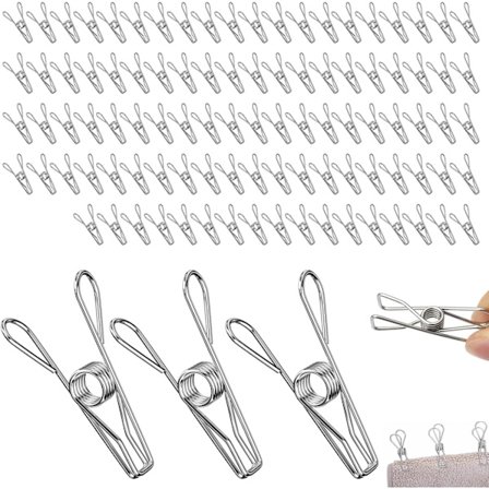 100 Klesklyper, Klesklyper i Rustfritt Stål, Utendørs Klesklyper, Metallklesklyper, kompatible Håndklær, Klær, Sokker, Klessnorer, Kjøkken