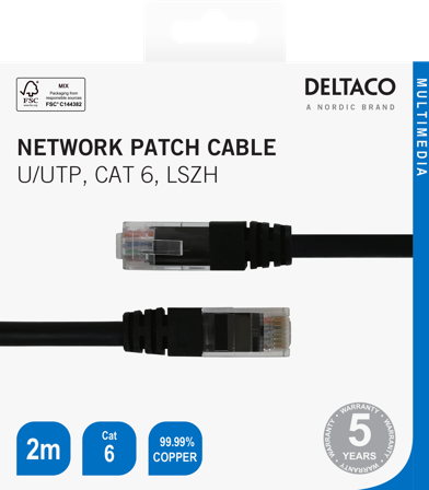 Deltaco Cat6 Network cable, 2m, black