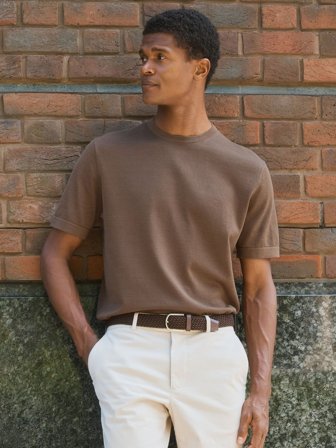 John Henric Men's Braunes Gestricktes T-Shirt Relaxed Fit Size M