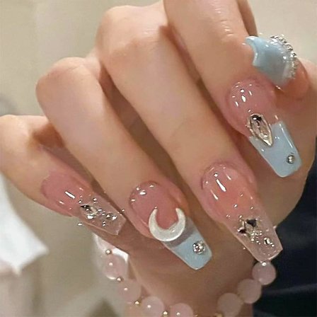 24 stk. Akryl Tryk på Negle Medium Lang Længde Falske Negle Med Blomster Rhinestone Paljetter Design