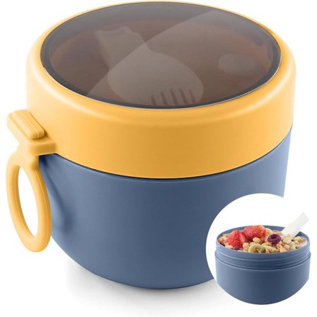 Bærbar 600 ml yoghurtkop med låg og sammenklappelig ske - dobbeltlags müsliskål - blå - kompatibel med arbejde, skole og fest