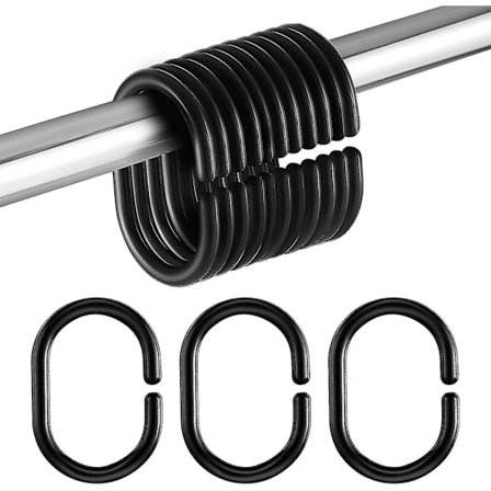 24 st Duschdraperikrokar i plast Svarta C-formade Ringar För Badrumsdusch