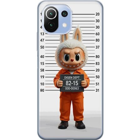 Yhteensopiva Puhelinkuori Xiaomi Xiaomi Mi 11 Lite Söpö piirretty pupuhahmo vankilavaatteissa ja vankinumerolla taustana mittamerkinnät