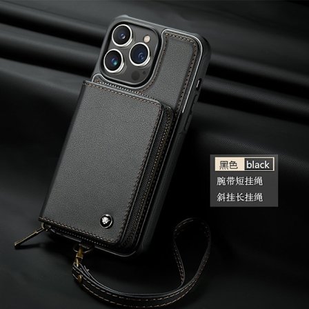 Fodral för iPhone15plus C22 svart armband dragkedja plånbok baksida kortplats