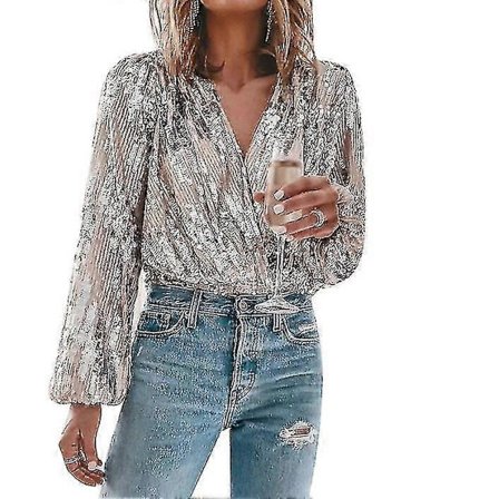 Paljettglittrig V-ringad långärmad damtröja för fest