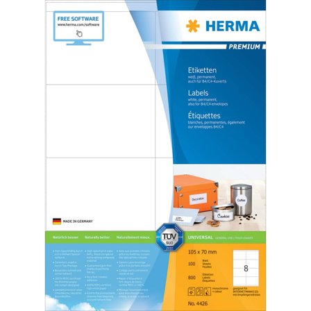 Herma Premium - Papir - matt - permanent selv-adhesiv - hvit - 105 x 70 mm 800 etikett(er) (100 ark x 8) laminerte etiketter