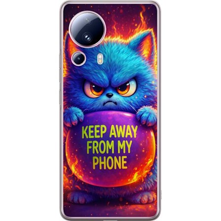 Kompatibel Mobilcover til Xiaomi Xiaomi 13 Lite Vred luvat blå kat med teksten "Hold dig væk fra min telefon" i neonfarver og ildlignende effekter,