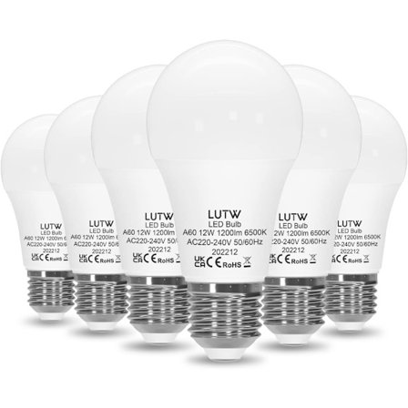 E27 LED-lyspære Kaldhvit 6500K, 12W tilsvarende 100W, A60 LED-pærer Edison skrusokkel, 1200lm, energibesparende 220°, 6-pakning [Energiklasse F]