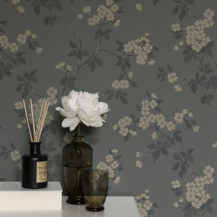 Duro Tapet, Karin 679-04 Blommor & Blad, L, Mörkgrå, Färg & tapeter