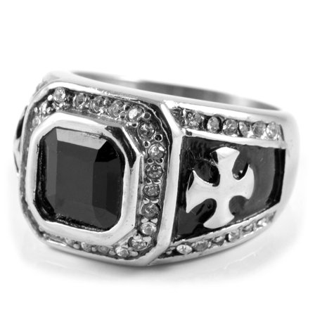 Sentio | Black Stainless Steel Zirconia & Cross Signet Ring for Men - Rings with stones