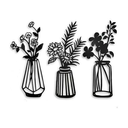 3-delt metallblomster veggdekor, metallvase blomster veggdekorasjon, svart metall veggdekor kunst for stue bad soverom, svart veggkunst for K