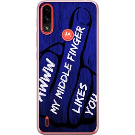 Kompatibelt Mobildeksel til Motorola Moto E7 Power Mørk typografisk illustrasjon med hjerteform og budskap om vennskap mot dyp blå tretekstur