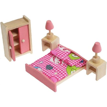 Nukkekodin huonekalut Puulelut 1:12 mittakaavassa Miniatyyri makuuhuonesetti Sänky Pöytä Lamppu Kaappi Katto Nukkekodin DIY Tarvikkeet Vaaleanpunainen