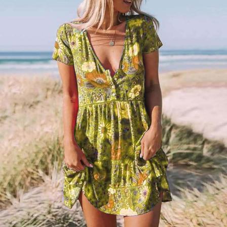 Kvinnor Plus Size Blommor Print Mini Klänning V-neck Kort Ärm Fol