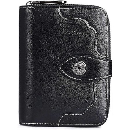 Sort damepung, lille læder bi-fold pung med RFID-beskyttelse og lynlåslomme til mønter