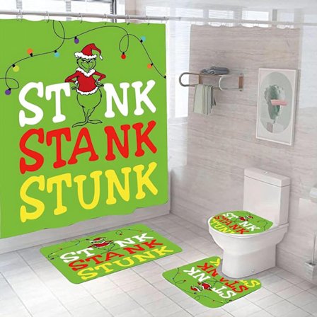 Stole jul duschdraperi set om 4 72x72 tum Grinch2 med halkfri matta, toalettlock och badmatta, vinterjul badrumsdekor
