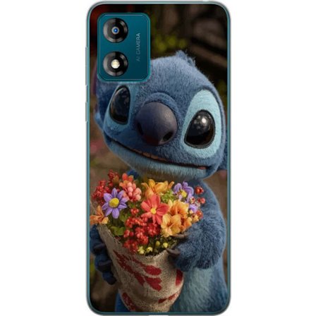 Kompatibel Mobilcover til Motorola Motorola Moto E13 Sød blå figur med store øjne, der holder en farverig buket i en varm og kær stil