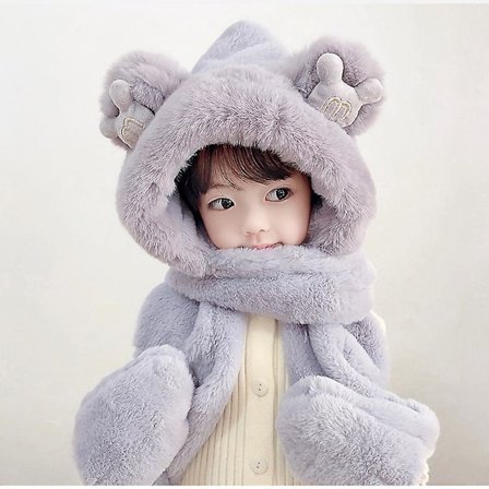 3 i 1 varmt sett plysj, fluffy tegneserie vinterlue Skjerfhansker