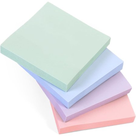 4 muistilehtiöpakkausta, joissa 100 arkkia per pakkaus 76 x 76 mm (3 " x 3 ") | Vaaleat pastellivärit lila, pinkki, vihreä, sininen | Hienostuneet 