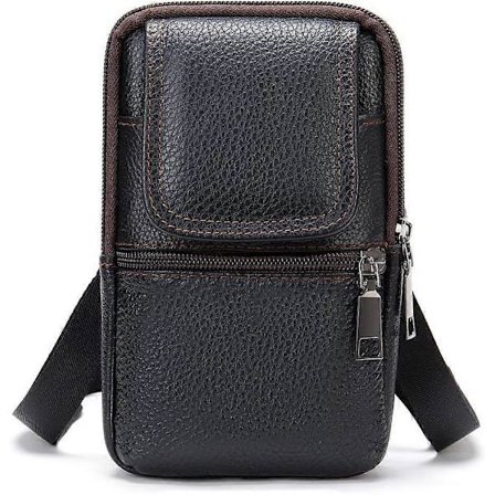 Mobiltelefon Axelväska Läder Svart, Mobiltelefon Midjeväska med Clip för Män, Smartphone Axelhölster Läder Crossbody