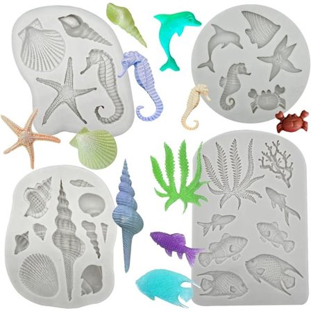 4PCS Marine Theme Fondant Mold Seaweed Sea Fish Crab Coral Conch Sea Shells Shape DIY Handmade Baking Tools