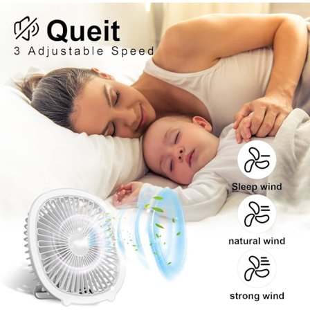 Sæt med bærbar ventilator, støjsvag ventilator, tre vindhastigheder, med trinløs dæmpning mini ventilator, velegnet til camping, kontor, hjem