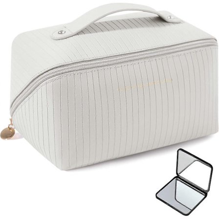 Kosmetikkveske for reise, sminkeveske med stor kapasitet, vanntett bærbar kosmetikkveske i PU-skinn med håndtak - Beige